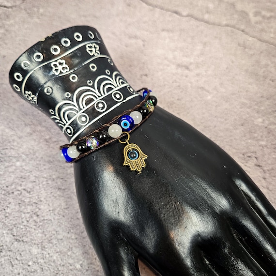 Nazar Protection Leather Wrap Bracelet — White Agate, Black Tourmaline & Blue Evil Eye Beads with Hamsa Charm