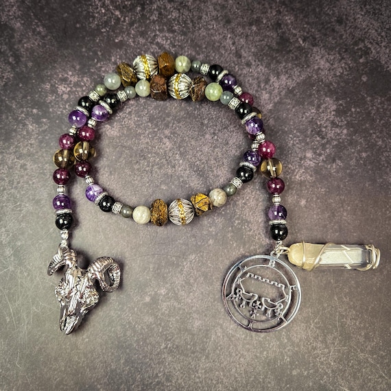 Belial Devotional Prayer Beads – Black Tourmaline, Garnet, and Bronzite Rosary
