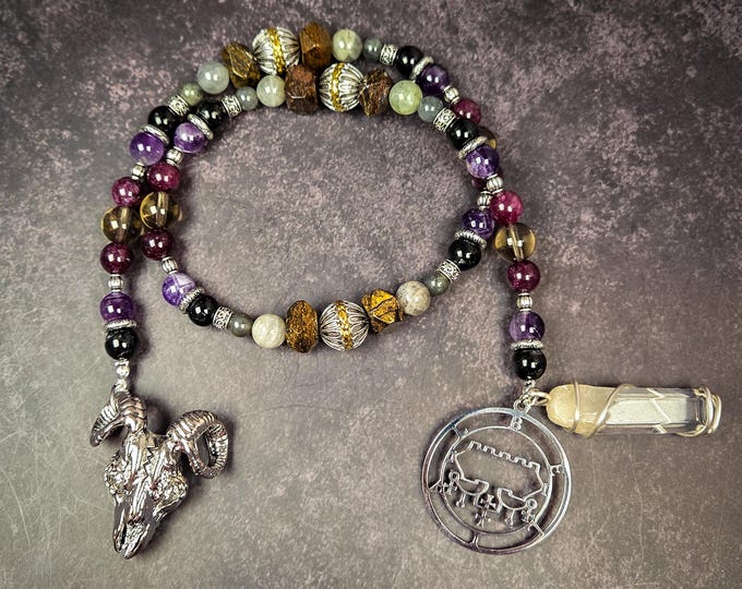 Belial Devotional Prayer Beads – Black Tourmaline, Garnet, and Bronzite Rosary