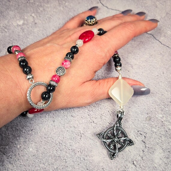 Witch’s Wrist Rosary – Zoisite, Rhodochrosite, White Agate, and Tourmalinated Quartz