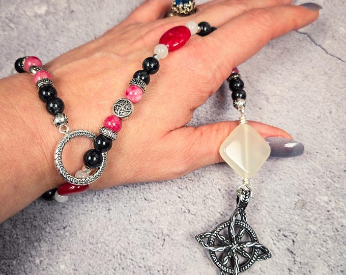 Witch’s Wrist Rosary – Zoisite, Rhodochrosite, White Agate, and Tourmalinated Quartz