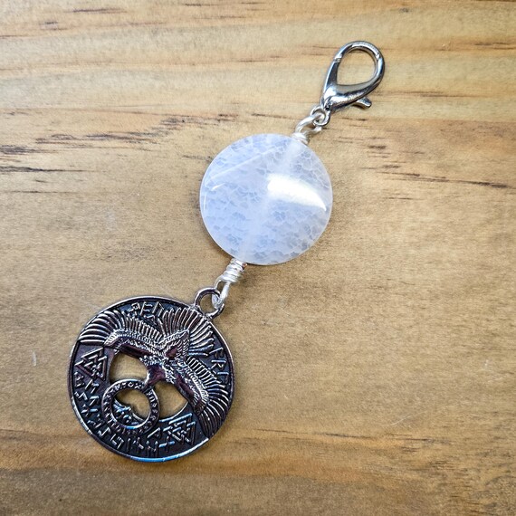 Agate Gemstone Keychain - Norse Eagle Runic Key Ring - Crystal Zipper Pull