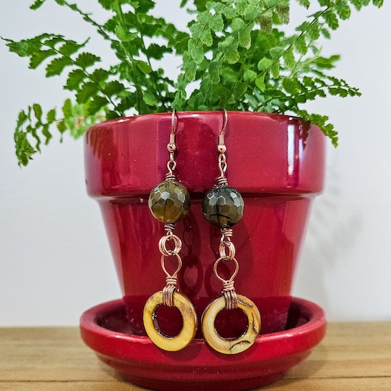 Green Dragon Vein Agate, Shell, and Copper Earrings