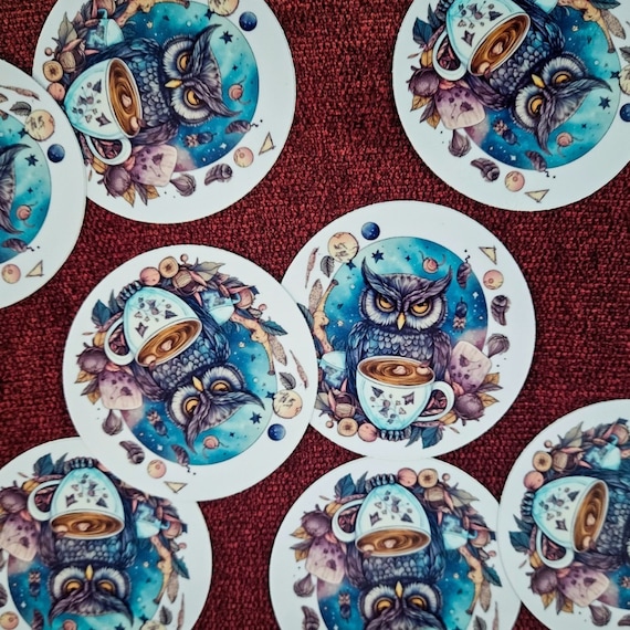Caffeinated Owl Sticker - Owl Sticker Decal - Pagan Sticker - Laptop Stickers - Waterproof Stickers - Whimsical Stickers - Vinyl Stickers