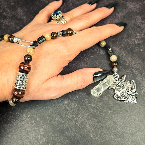 Loki Wrist Rosary: Mahogany Obsidian, Red Tiger's Eye, Black Tourmaline, and Black Moonstone