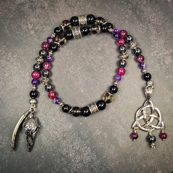 Morrigan Prayer Beads: Obsidian, Garnet, Amethyst Celtic Goddess Rosary