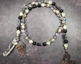 Celtic Goddess Arianrhod Rosary: Moonstone, Labradorite, and Tourmaline Prayer Beads