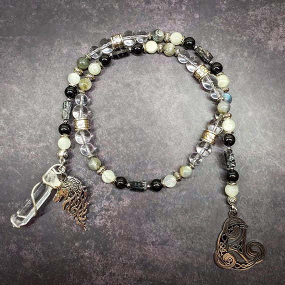 Celtic Goddess Arianrhod Rosary: Moonstone, Labradorite, and Tourmaline Prayer Beads