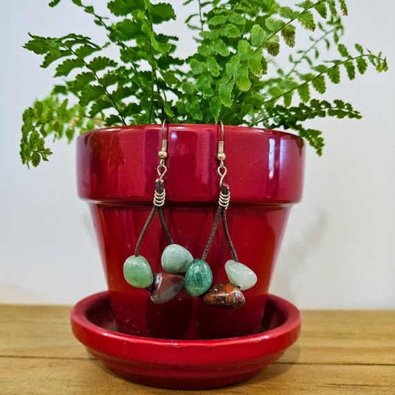 Green Aventurine and Agate Earrings on Leather Cord
