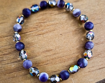 Natural Matte Amethyst and Czech Fire Polished Crystal Stretch Bracelet 6mm with Gold Accent Beads