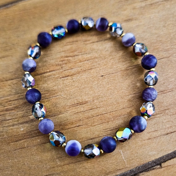 Natural Matte Amethyst and Czech Fire Polished Crystal Stretch Bracelet