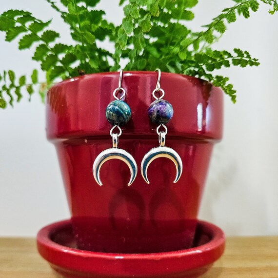 Tie-Dyed Tiger's Eye and Crescent Moon Earrings