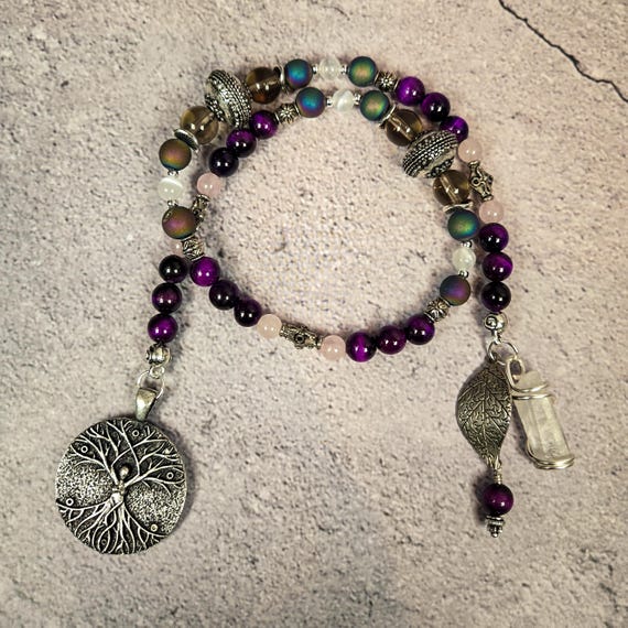 Divine Feminine Prayer Beads: Purple Aura Tiger’s Eye and Rainbow Druzy Agate Goddess Rosary