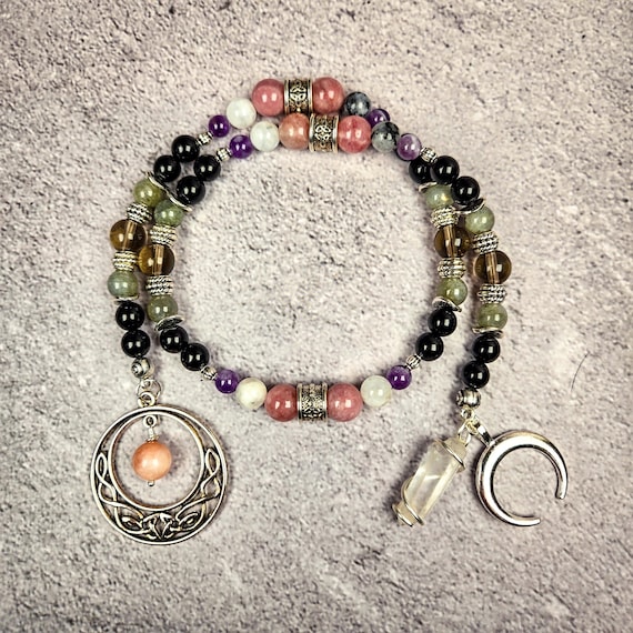 Cerridwen Prayer Beads – Sunstone, Moonstone, Amethyst, Obsidian, Labradorite, and Smoky Quartz