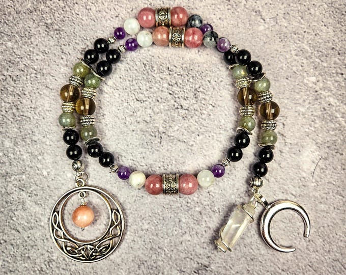 Cerridwen Prayer Beads – Sunstone, Moonstone, Amethyst, Obsidian, Labradorite, and Smoky Quartz