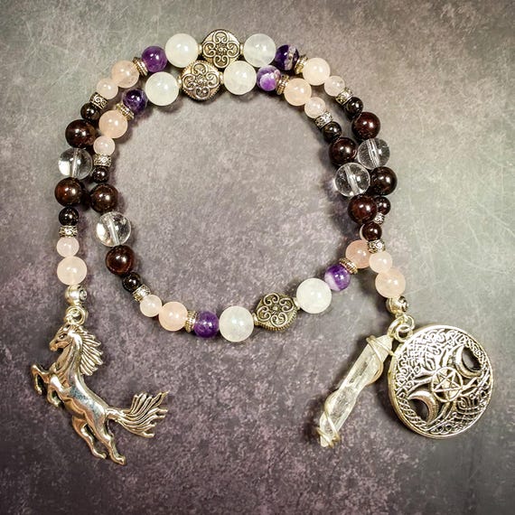Rhiannon Prayer Beads: Welsh Goddess Rosary with Amethyst, Garnet & Rose Quartz
