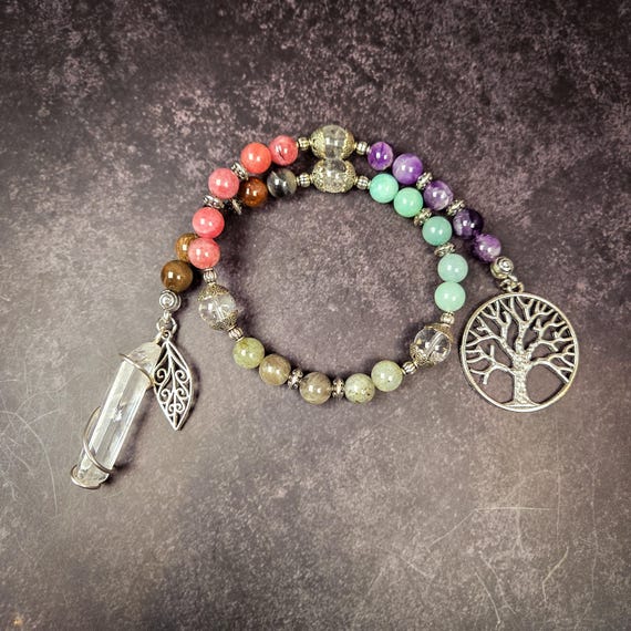 Five Elements Prayer Beads: Amethyst, Sunstone, Labradorite, Amazonite, Petrified Wood