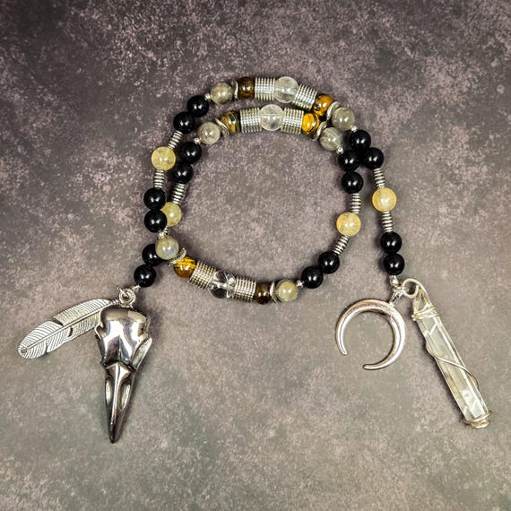 Khonsu Prayer Beads: Egyptian Moon God Meditation Mala with Tiger’s Eye, Obsidian, and Quartz