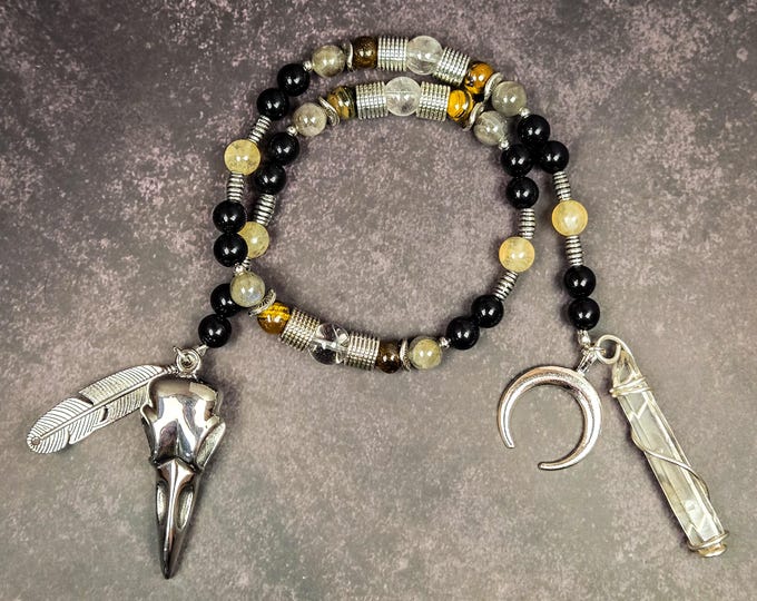Khonsu Prayer Beads: Egyptian Moon God Meditation Mala with Tiger’s Eye, Obsidian, and Quartz