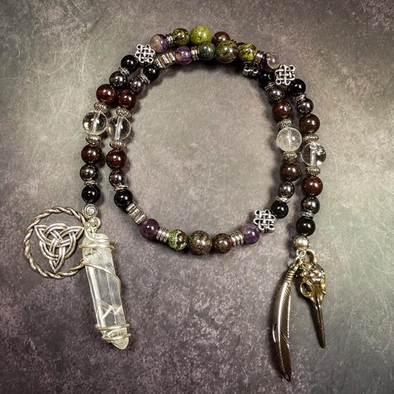Morrigan Prayer Beads: Obsidian, Garnet, Hematite Celtic Goddess Rosary