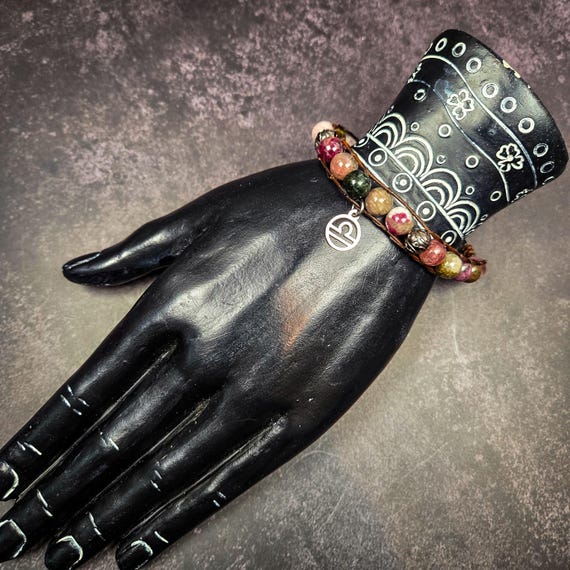 Multicolored Tourmaline Leather Wrap Bracelet with Libra Zodiac Charm: Balance, Harmony & Clear Energy Flow