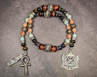 Bastet Prayer Beads: Egyptian Goddess Rosary with Tiger's Eye, Pyrite & Amazonite