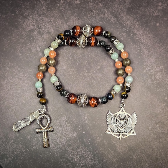 Bastet Prayer Beads: Egyptian Goddess Rosary with Tiger's Eye, Pyrite & Amazonite