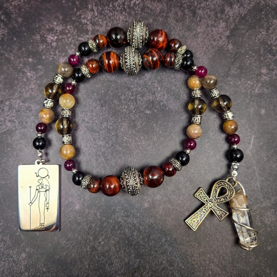 Sekhmet Prayer Beads: Garnet, Obsidian, Black Moonstone Altar Beads