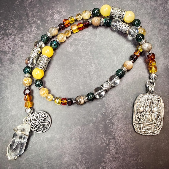 Frigg Norse Goddess Prayer Beads: Amber, Calcite, Emerald