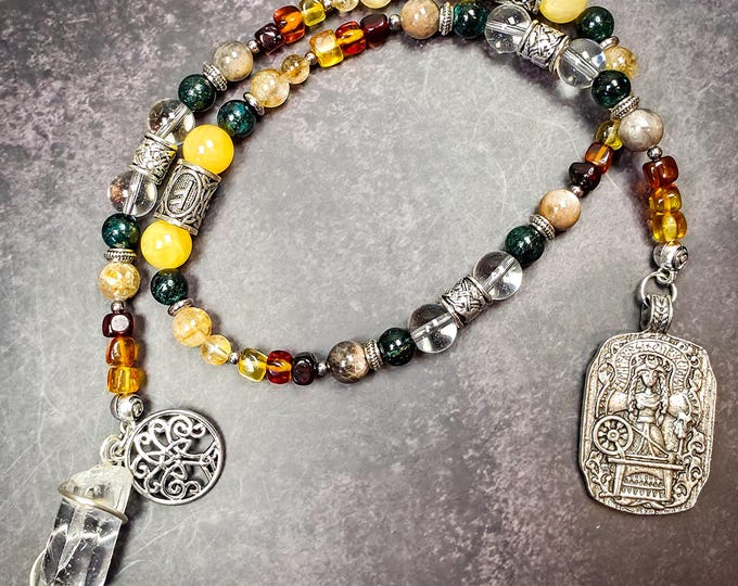 Frigg Norse Goddess Prayer Beads: Amber, Calcite, Emerald