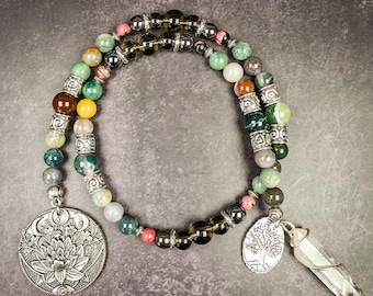 Gaia Goddess Prayer Beads: India Agate, Smoky Quartz, Hematite, and Rhodonite Rosary