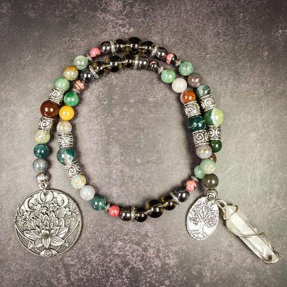 Gaia Goddess Prayer Beads: India Agate, Smoky Quartz, Hematite, and Rhodonite Rosary