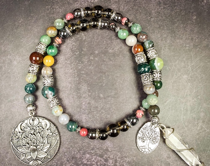 Gaia Goddess Prayer Beads: India Agate, Smoky Quartz, Hematite, and Rhodonite Rosary