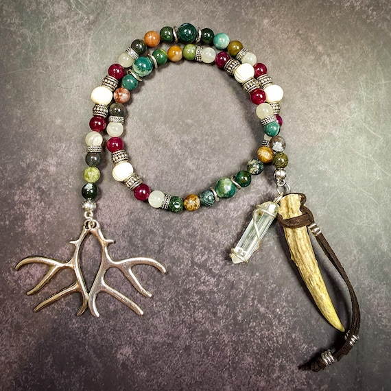 Celtic God Cernunnos Devotional Beads: India Agate, Garnet, and Clear Quartz Prayer Beads