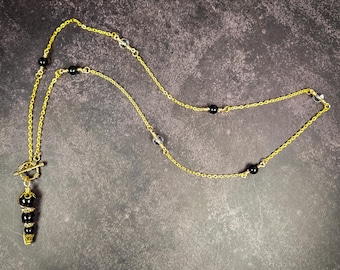 Black Obsidian & Clear Quartz Pendulum Necklace on Gold-Tone Chain