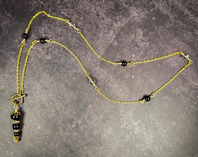 Black Obsidian & Clear Quartz Pendulum Necklace on Gold-Tone Chain