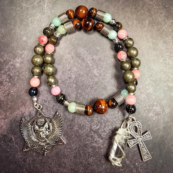Bastet Prayer Beads: Egyptian Goddess Rosary with Tiger's Eye, Pyrite & Amazonite