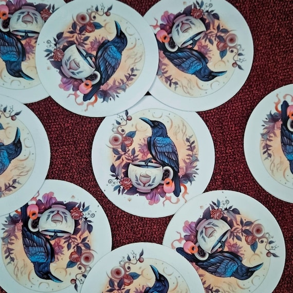Caffeinated Crow Sticker - Crow Sticker Decal - Pagan Sticker - Laptop Stickers - Waterproof Stickers - Whimsical Stickers - Vinyl Stickers
