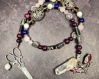 Prayer Beads Devoted to the Greek Fates: Black Tourmaline, Garnet, Rose Quartz, and Smoky Quartz