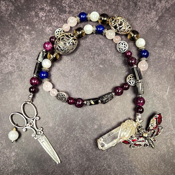 Prayer Beads Devoted to the Greek Fates: Black Tourmaline, Garnet, Rose Quartz, and Smoky Quartz