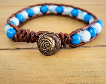 Dyed Howlite & Amazonite Leather Wrap Bracelet