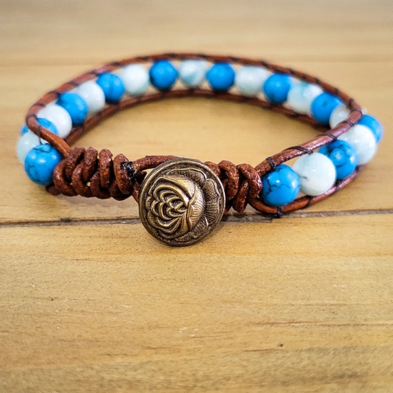 Dyed Howlite & Amazonite Leather Wrap Bracelet