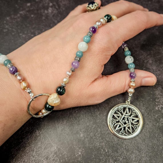 Water Element Wrist Rosary: Amethyst, Aquamarine, and Pearl