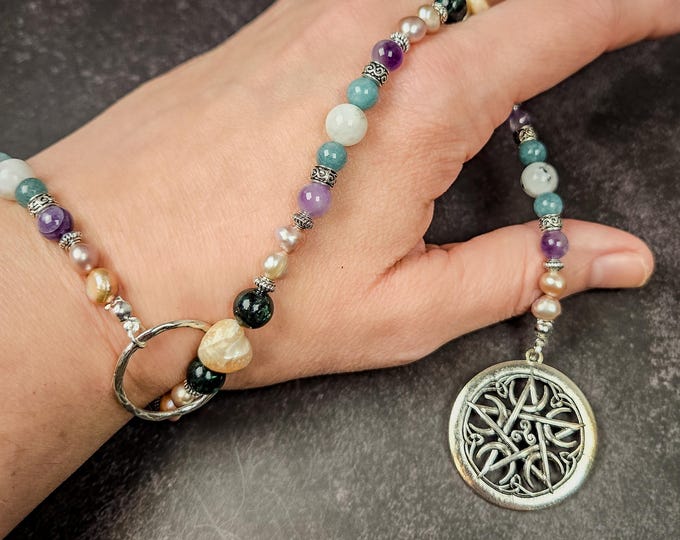 Water Element Wrist Rosary: Amethyst, Aquamarine, and Pearl