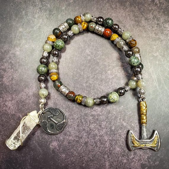 Norse God Tyr Prayer Beads – Bloodstone, Tiger Eye, and Serpentine Devotional
