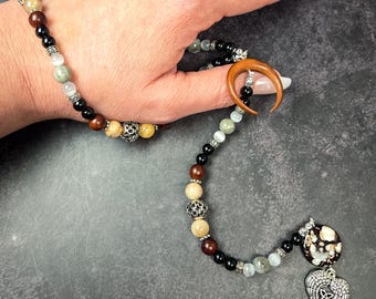 Lunar Goddess Wrist Rosary: Black Moonstone, Labradorite, & Selenite Prayer Beads