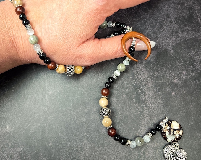 Lunar Goddess Wrist Rosary: Black Moonstone, Labradorite, & Selenite Prayer Beads