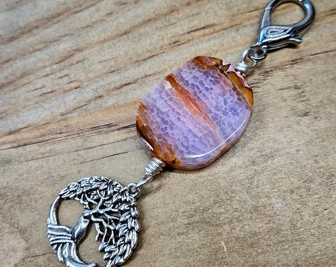 Agate Gemstone Keychain - Tree of Life Key Ring - Crystal Zipper Pull
