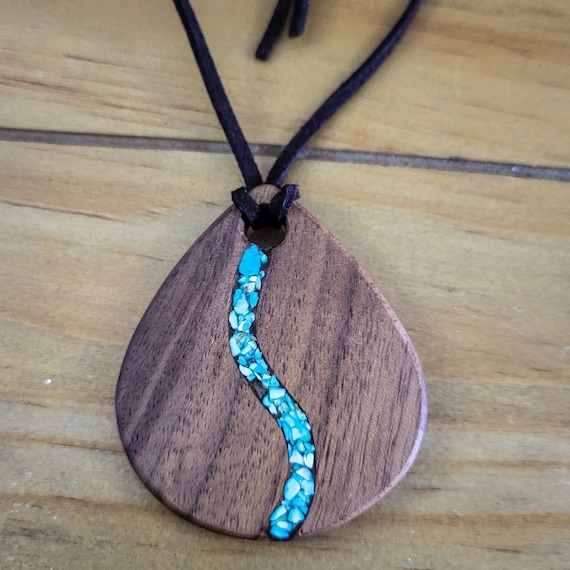 Howlite and Oak "Lazy River" Sigil Pendant with Faux Suede Cord - Hand Carved Wooden Pendant with Stone Inlay