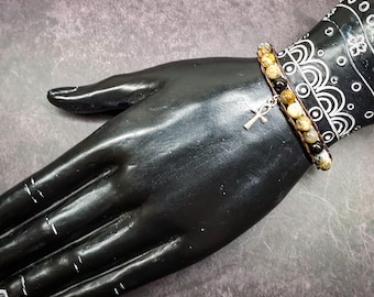 Dendritic Opal & Black Onyx Wrap Bracelet with Ankh – Growth, Protection, Life Force Energy